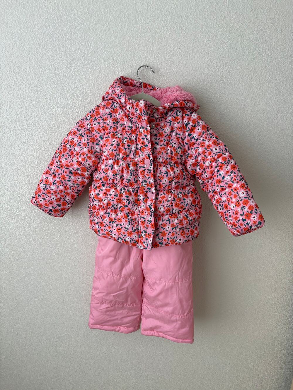 Carter’s Girls 2T Floral Winter Snowsuit Set Pink Puffer Jacket Snow Bib Pants